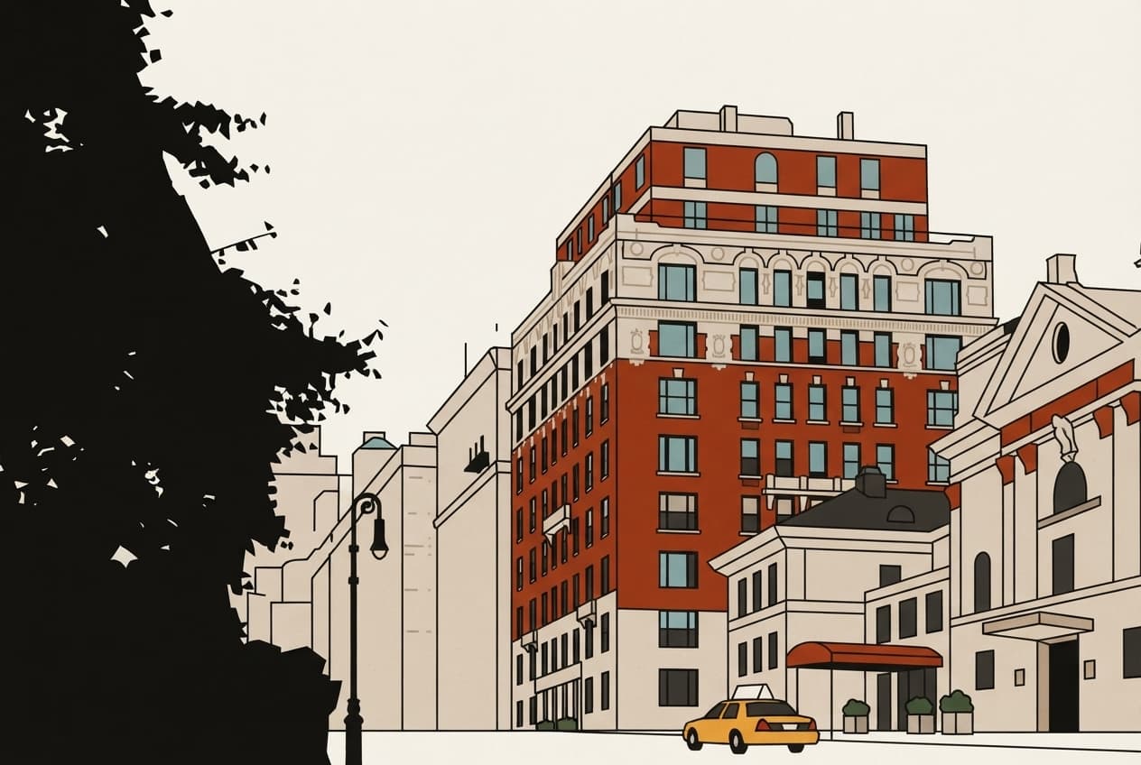 Flat illustration of Skyscrapers, Streetlight, Canopy, Taxi, Planters