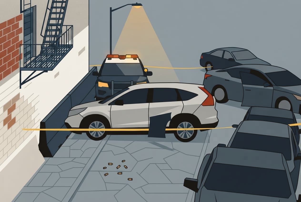 Flat illustration of Streetlight, Brick wall, Pavement, Vehicle, Fire escape, Bullet casing