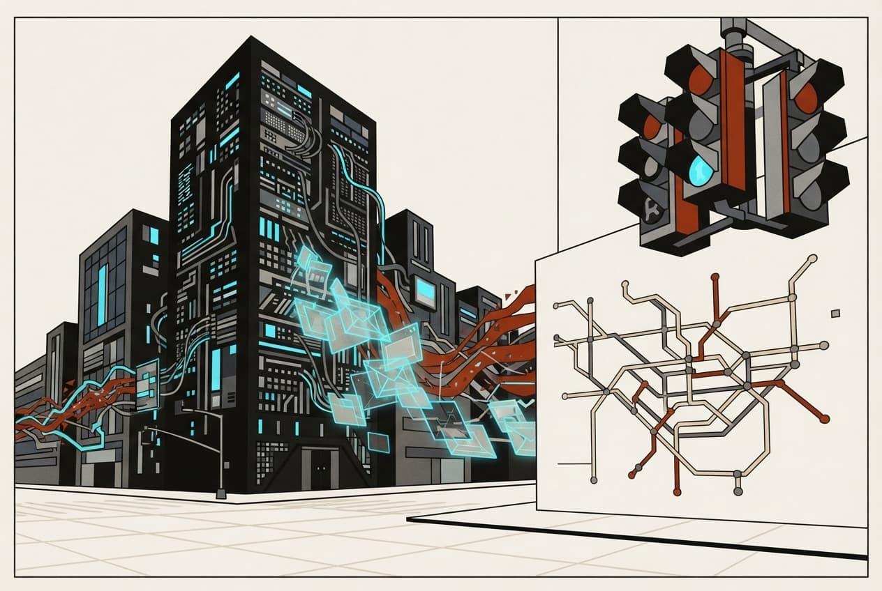 Flat illustration of Skyscraper, data server, subway map, traffic light, digital requests, data stream