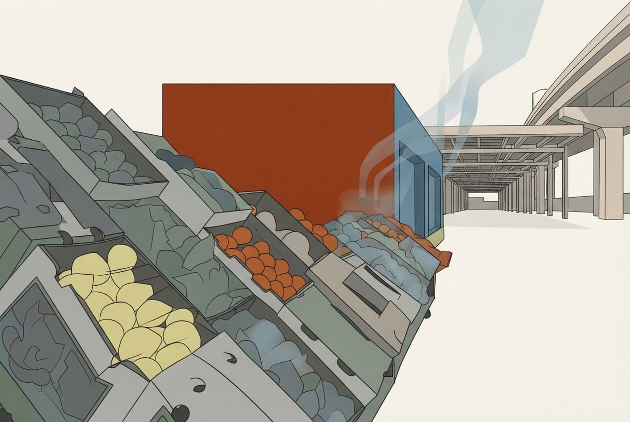 Flat illustration of Produce crates, refrigerated trailers, exhaust plumes, market buildings, highway overpass