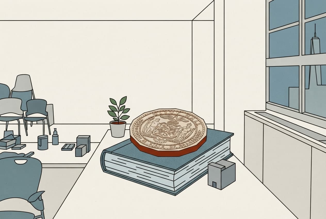 Flat illustration of City seal, Ledger, Skyscraper, Building block, Small plant