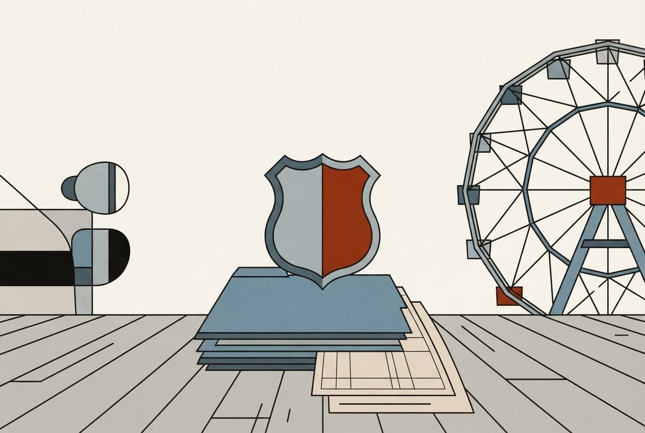 Flat illustration of Police shield, legal document, file folder, boardwalk planks, Ferris wheel