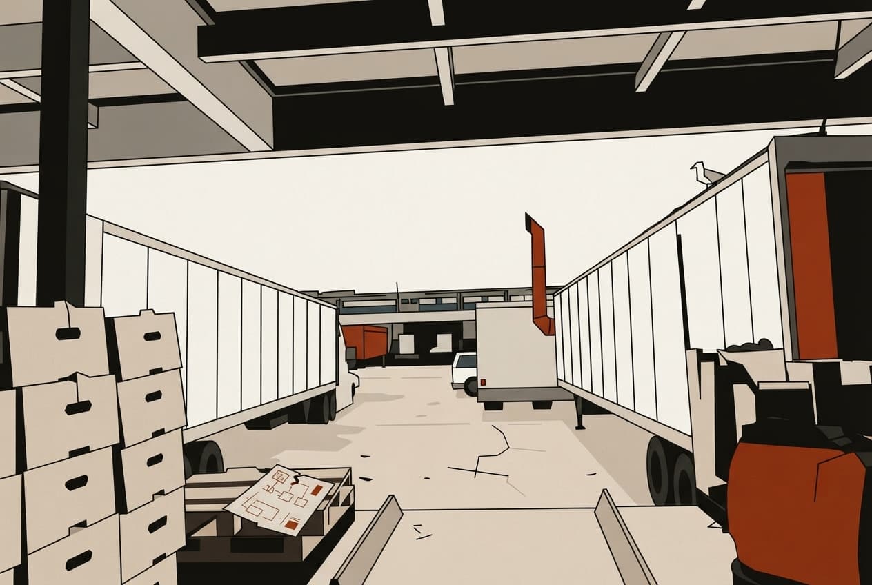 Flat illustration of Warehouse, Produce crates, Refrigerated trailer, Exhaust pipe, Broken blueprint