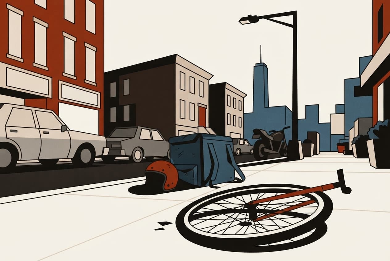 Flat illustration of Bicycle, delivery bag, helmet, skyscraper, street light, broken wheel