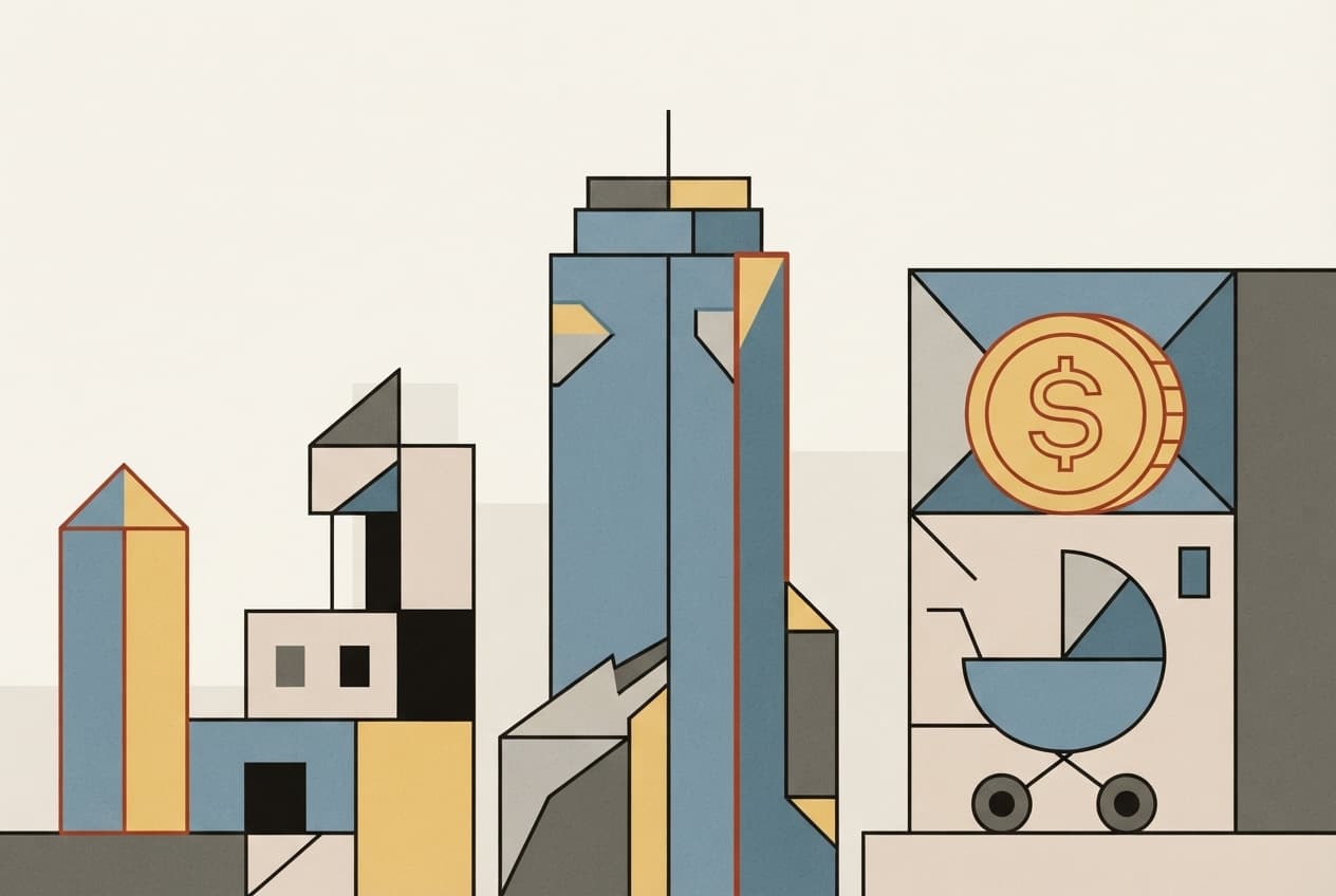 Flat illustration of Building blocks, Coin, Skyscraper, Stroller, Playground swing