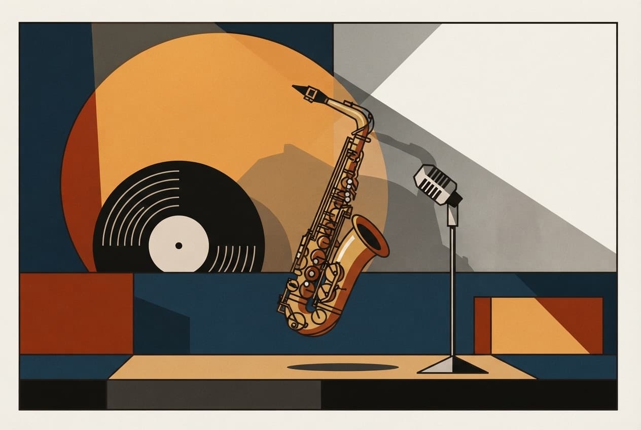 Flat illustration of Saxophone, Microphone, Stage, Spotlight, Vinyl record
