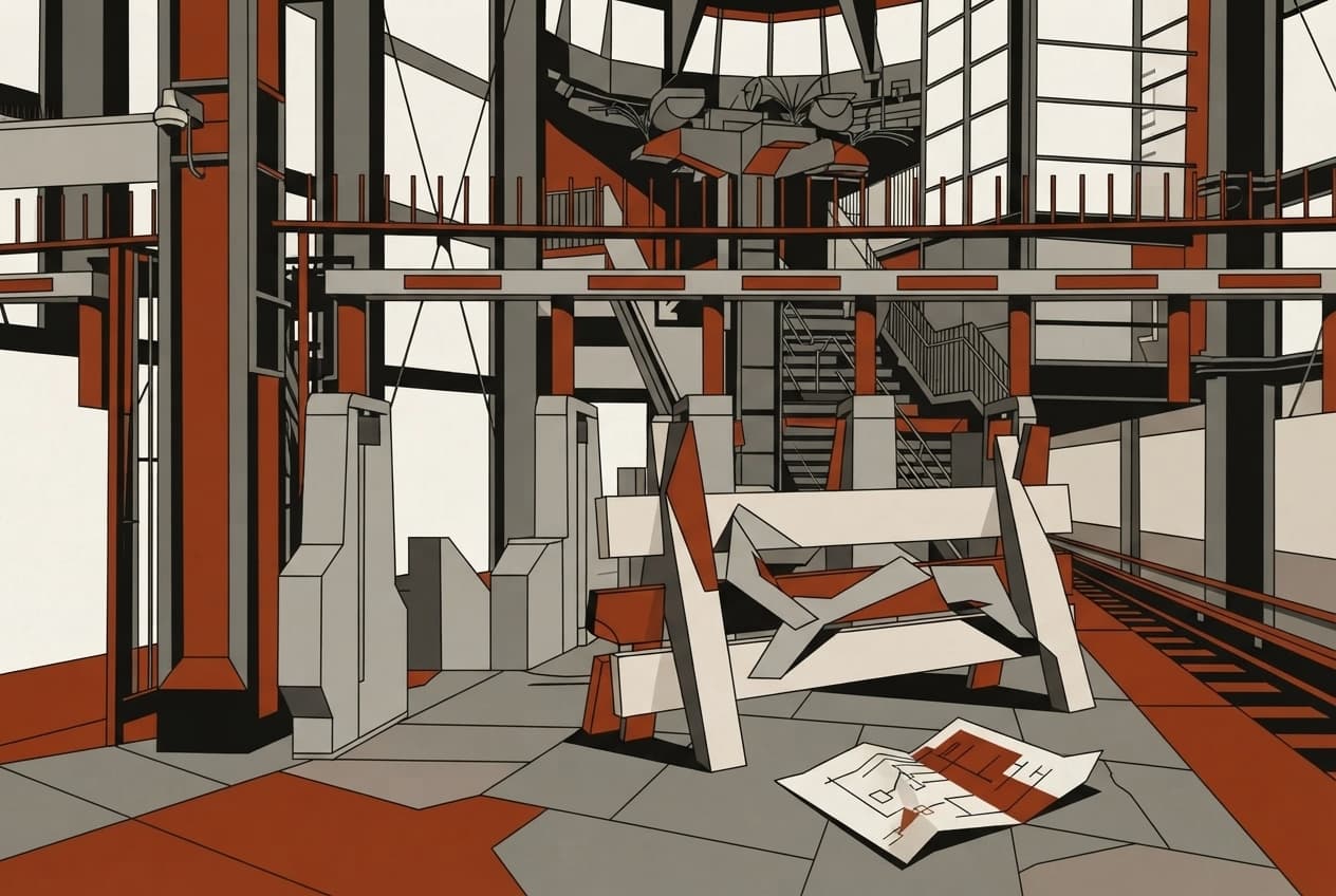 Flat illustration of Steel girders, concrete dust, train tracks, construction barrier, blueprint