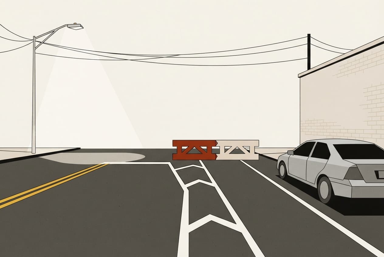 Flat illustration of bike lane, road, parked car, traffic barrier, road paint, street light