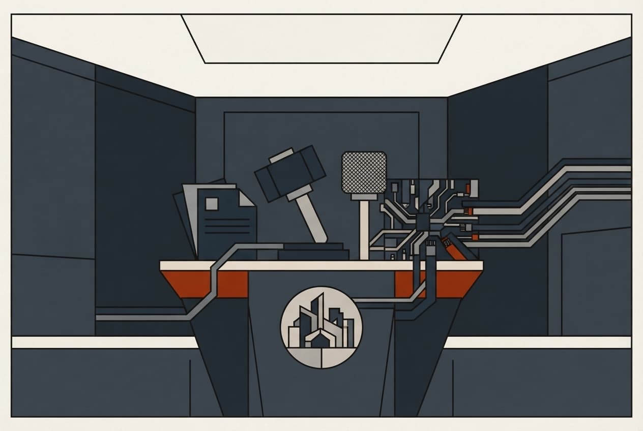 Flat illustration of legal document, gavel, microphone, circuit board, data cables, city seal