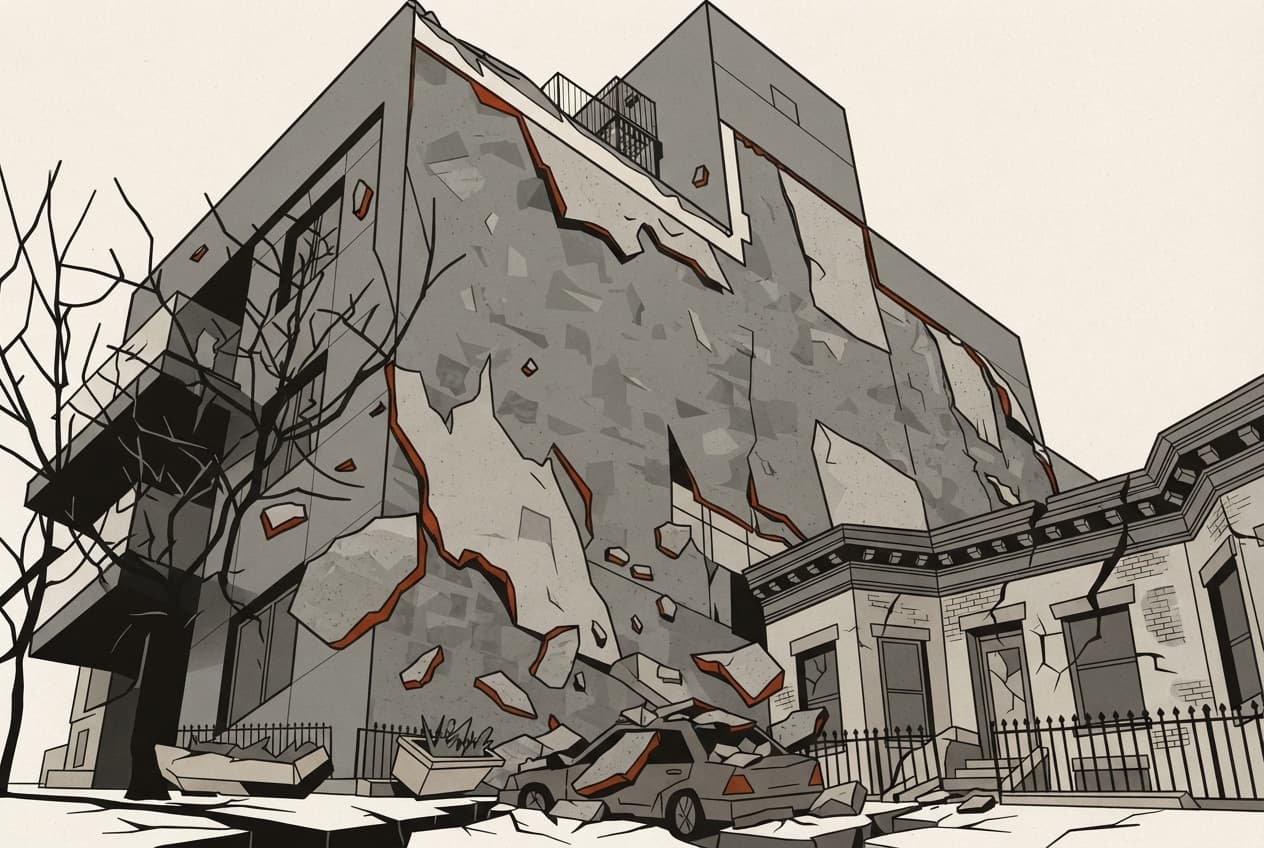 Flat illustration of Building facade, Debris, Roof, Car, Front yard, Stucco