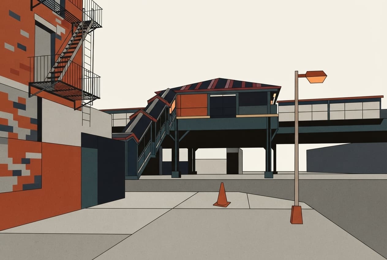 Flat illustration of Streetlight, Brick wall, Fire escape, Pavement, Traffic cone