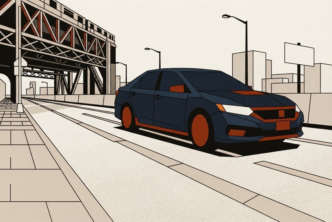 Flat illustration of Cars, road signs, buildings, streetlights, sidewalk